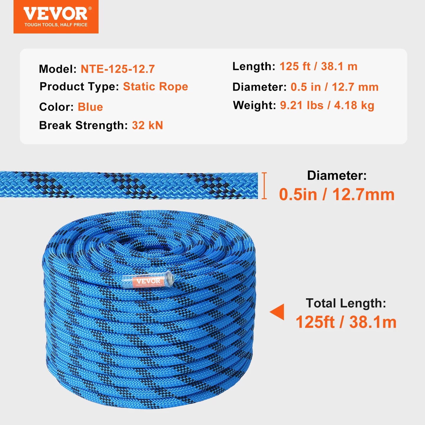 12.7mm Static Rock Climbing Rope w/ Steel Snap Hooks