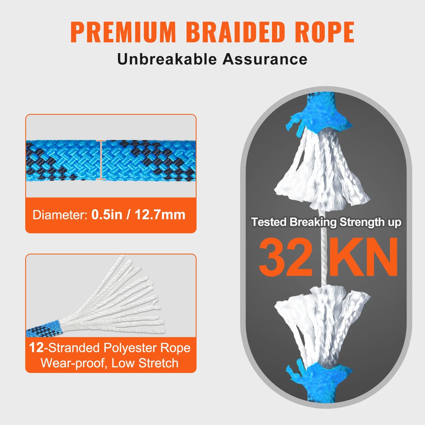12.7mm Static Rock Climbing Rope w/ Steel Snap Hooks