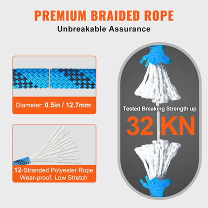 12.7mm Static Rock Climbing Rope w/ Steel Snap Hooks