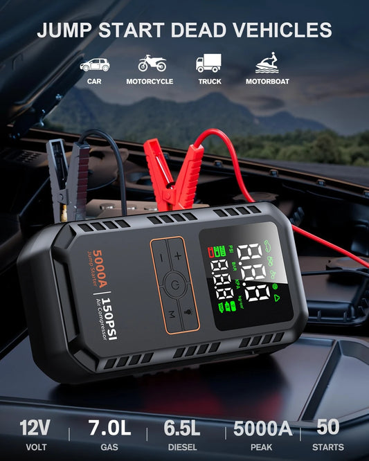 4-IN-1 Car Jump Starter with Air Compressor Battery Booster Air Pump