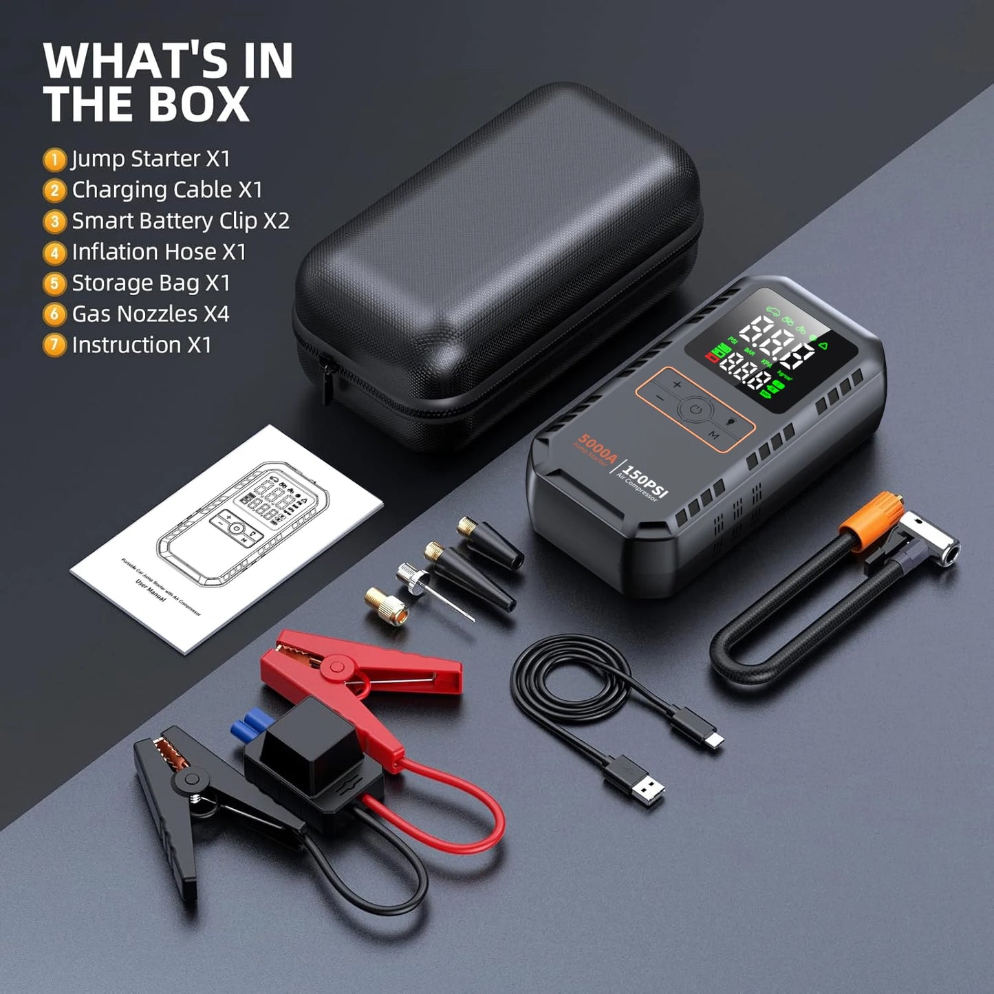 4-IN-1 Car Jump Starter with Air Compressor Battery Booster Air Pump