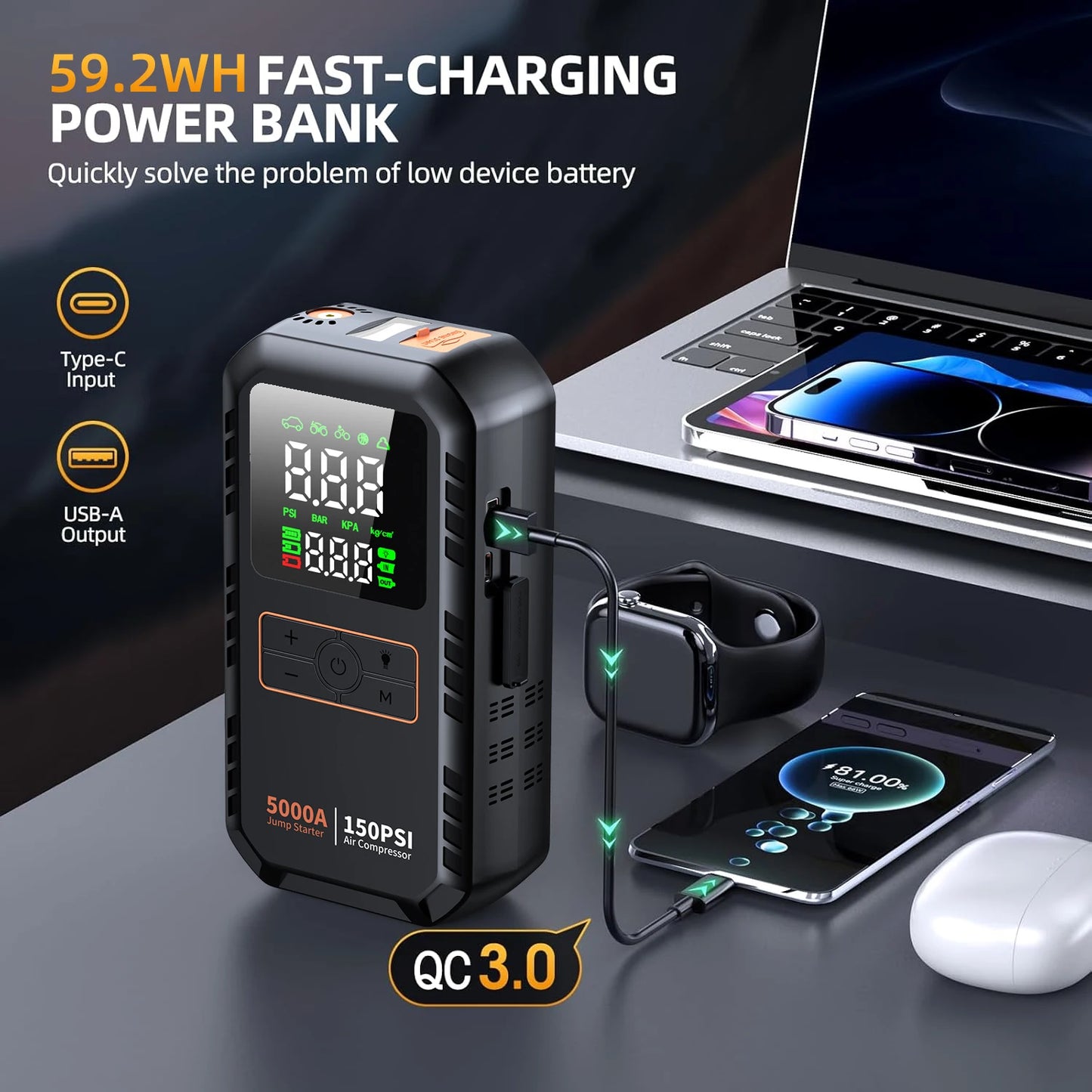 4-IN-1 Car Jump Starter with Air Compressor Battery Booster Air Pump