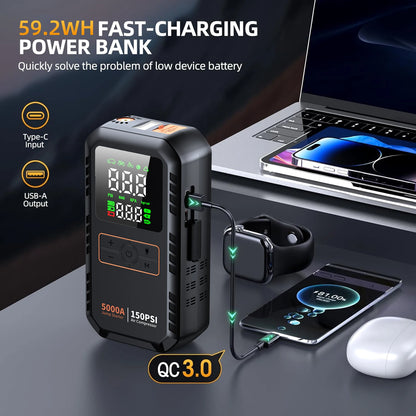 4-IN-1 Car Jump Starter with Air Compressor Battery Booster Air Pump