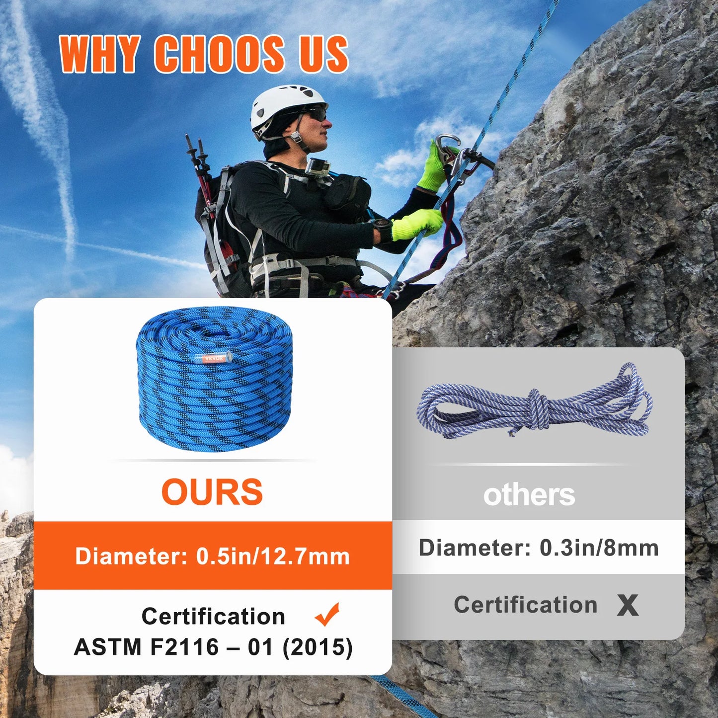 12.7mm Static Rock Climbing Rope w/ Steel Snap Hooks