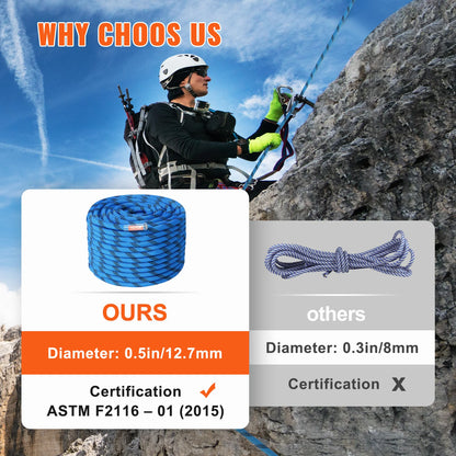 12.7mm Static Rock Climbing Rope w/ Steel Snap Hooks