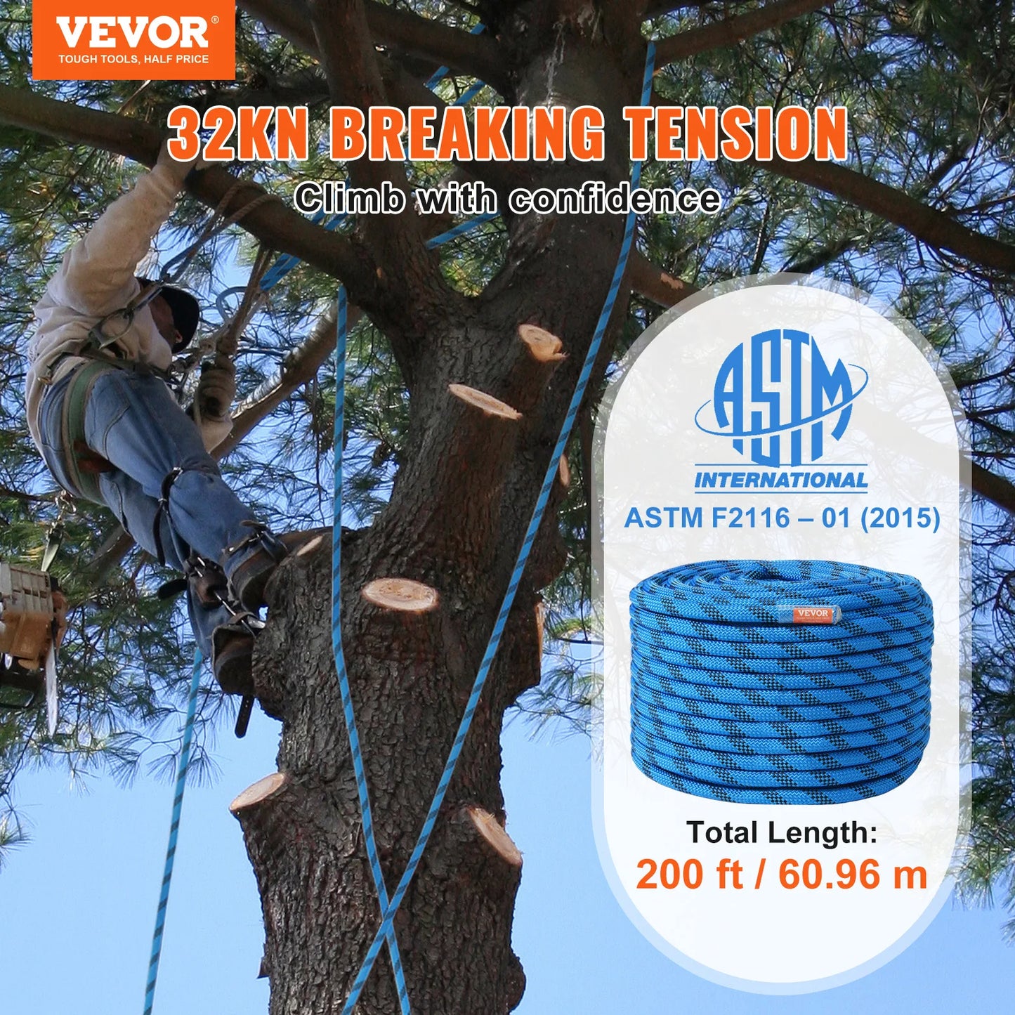 12.7mm Static Rock Climbing Rope w/ Steel Snap Hooks